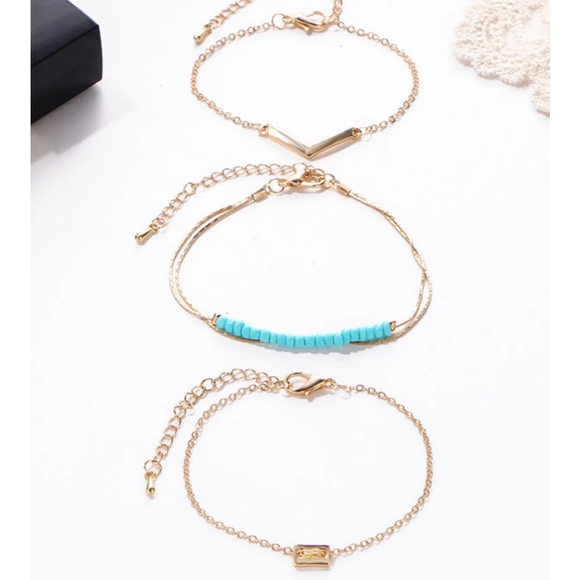 NEW Women's 3 Piece Bracelet Set, Adjustable, Gold & Turquoise, Adjustable - Picture 10 of 10